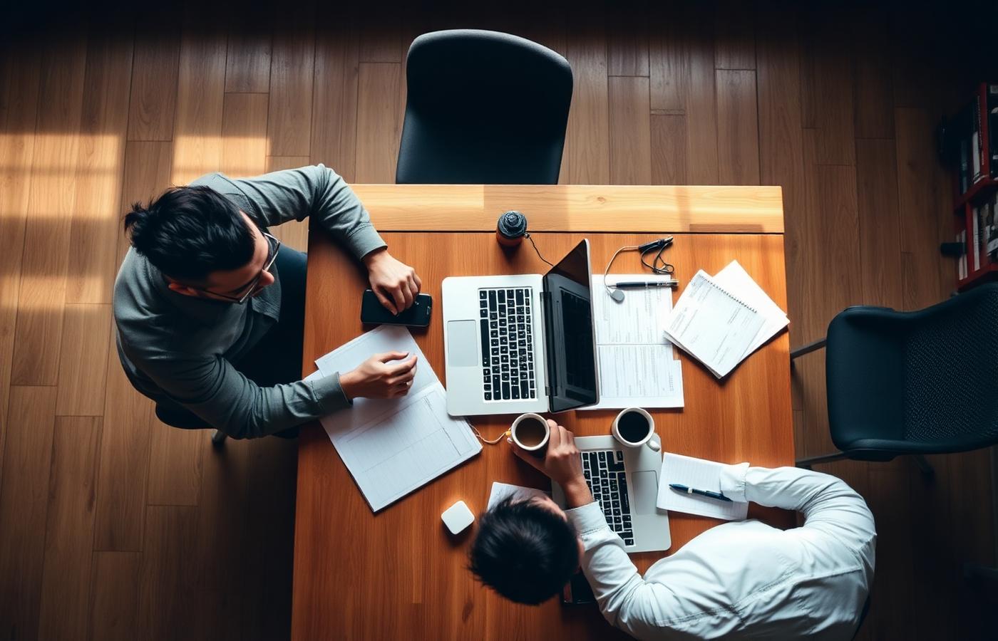 Two engineers collaborating over laptops and notebooks at a wooden desk