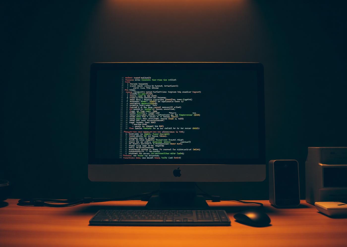 Quiet workspace at dusk with a single monitor displaying source code